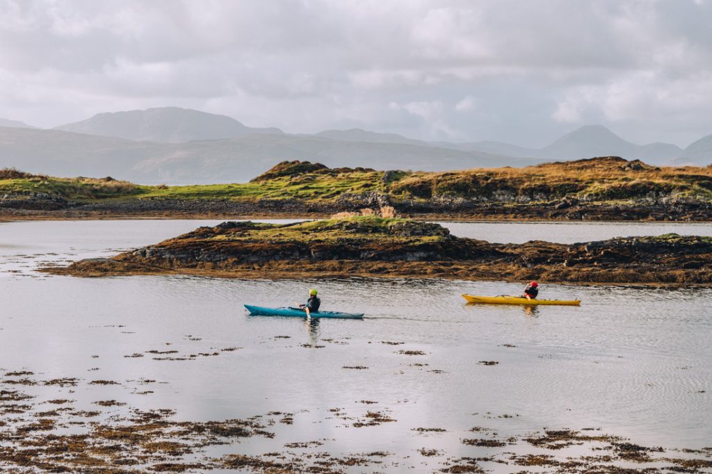 Kayakers at Puilladobhrain Anchorage, Isle of Seil